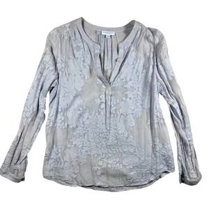 BOHO Floral SHEER Blouse‎ Top Gray M Long Sleeve Silk blend Lightweight Cottage